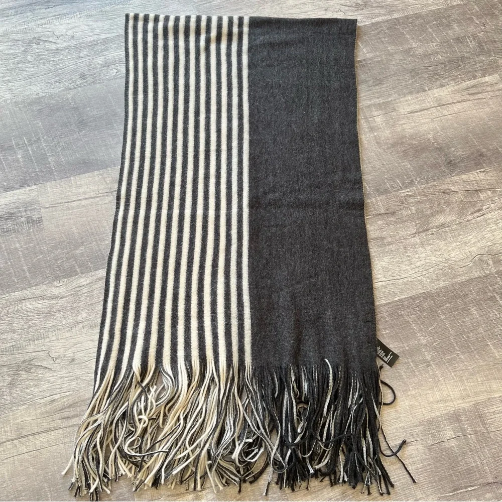Anthropologie Oversized Blanket Scarf Gray Cream Striped Fringe Winter Wrap